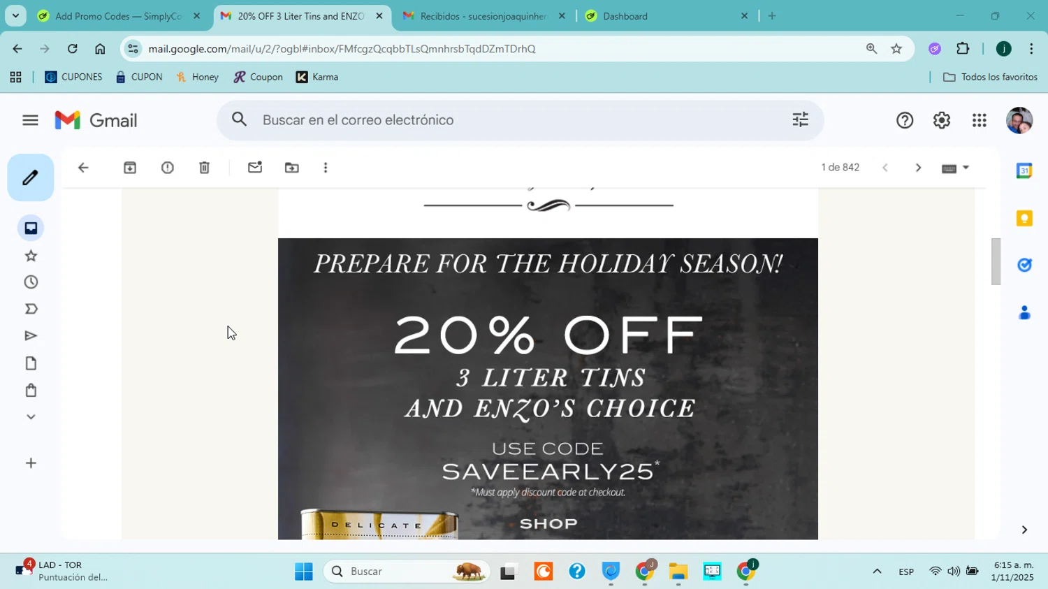 Enzo's Table promo code screenshot showing code SAVEEARLY25 applied at Enzo's Table checkout page. Uploaded by SimplyCodes community member ABHF23 on Nov 1, 2025