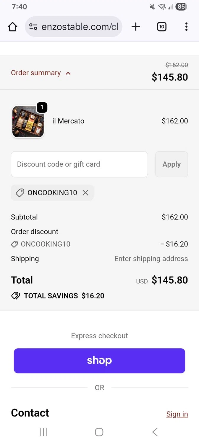 Enzo's Table promo code screenshot showing code ONCOOKING10 applied at Enzo's Table checkout page. Uploaded by SimplyCodes community member KarinaHZ on Dec 24, 2025