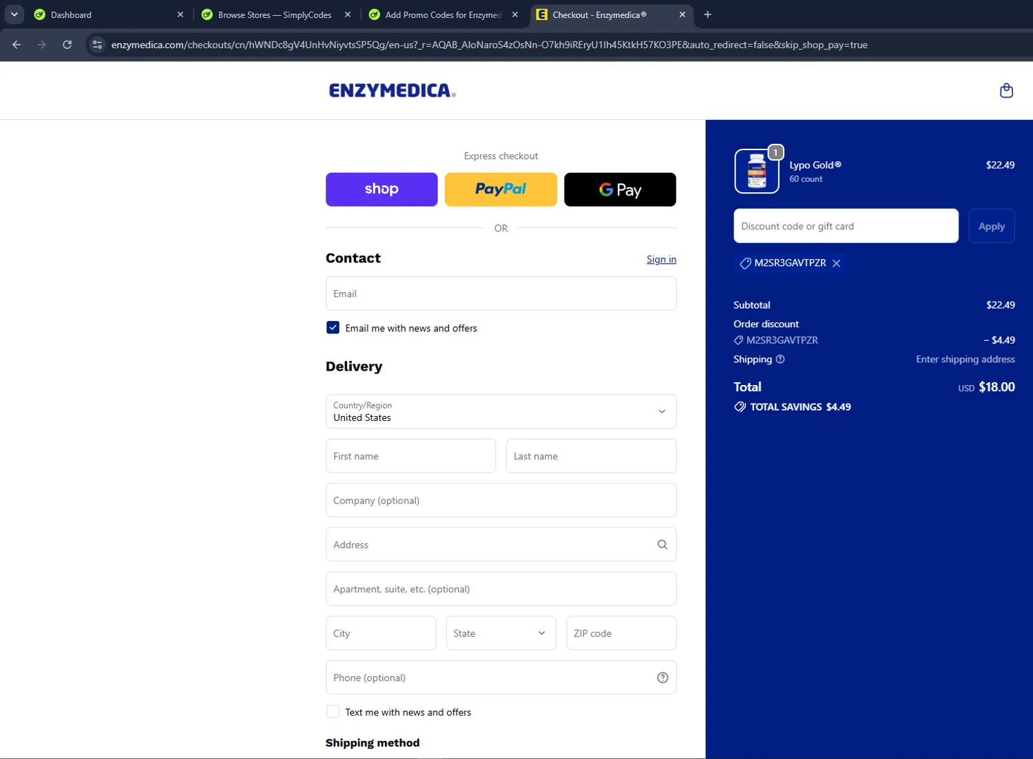 Enzymedica promo code screenshot showing code M2SR3GAVTPZR applied at Enzymedica checkout page. Uploaded by SimplyCodes community member VictoriousCaptain3902 on Jun 22, 2026