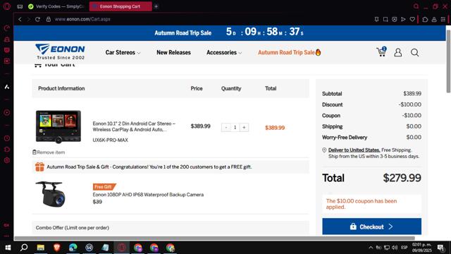 Eonon checkout page showing Eonon coupon code box | Screenshot taken by SimplyCodes community member on Sep 9, 2025