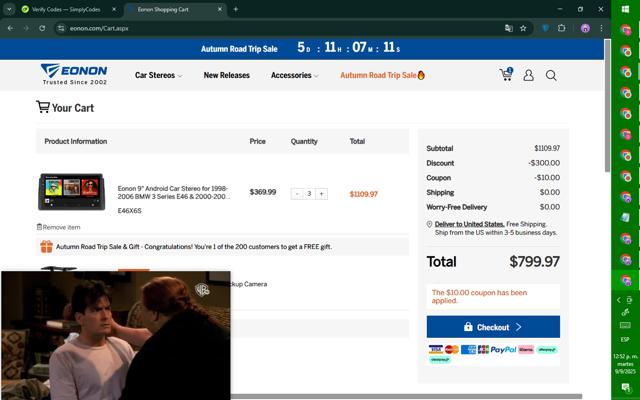 Eonon checkout page showing Eonon coupon code box | Screenshot taken by SimplyCodes community member on Sep 9, 2025