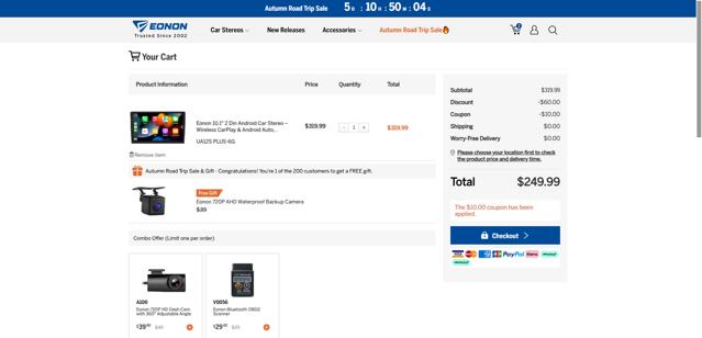 Eonon checkout page showing Eonon coupon code box | Screenshot taken by SimplyCodes community member on Sep 9, 2025