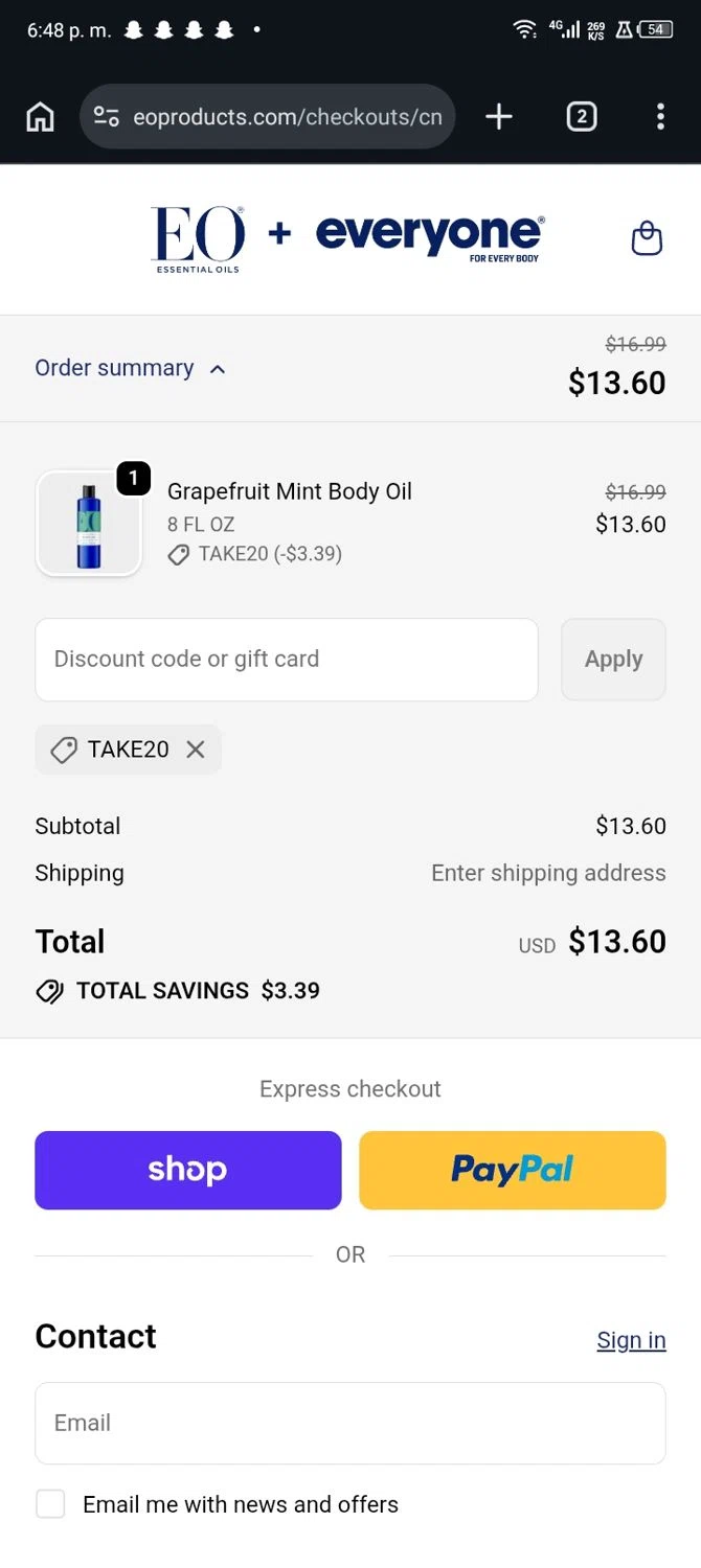 EO Products checkout page showing EO Products promo code box | Screenshot taken by SimplyCodes community member on Feb 19, 2026