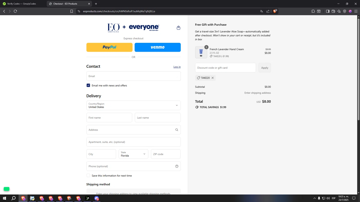 EO Products promo code screenshot showing code TAKE20 applied at EO Products checkout page. Uploaded by SimplyCodes community member kkkkkkkkkkkkkkkkkkkk on Jul 23, 2025