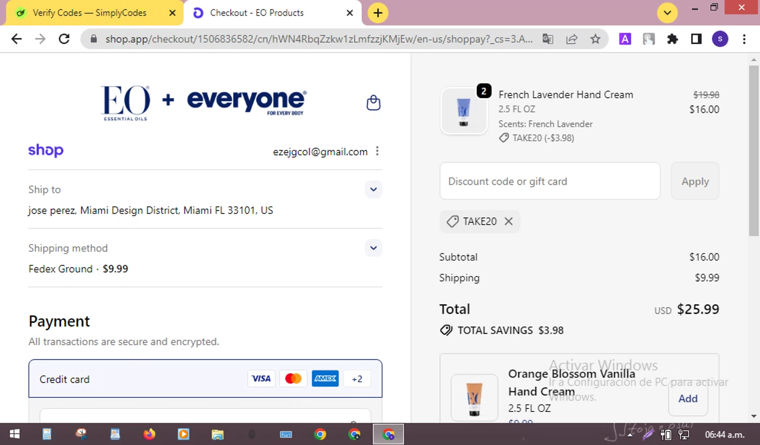 EO Products promo code screenshot showing code TAKE20 applied at EO Products checkout page. Uploaded by SimplyCodes community member SilverMaven7655 on Oct 23, 2025
