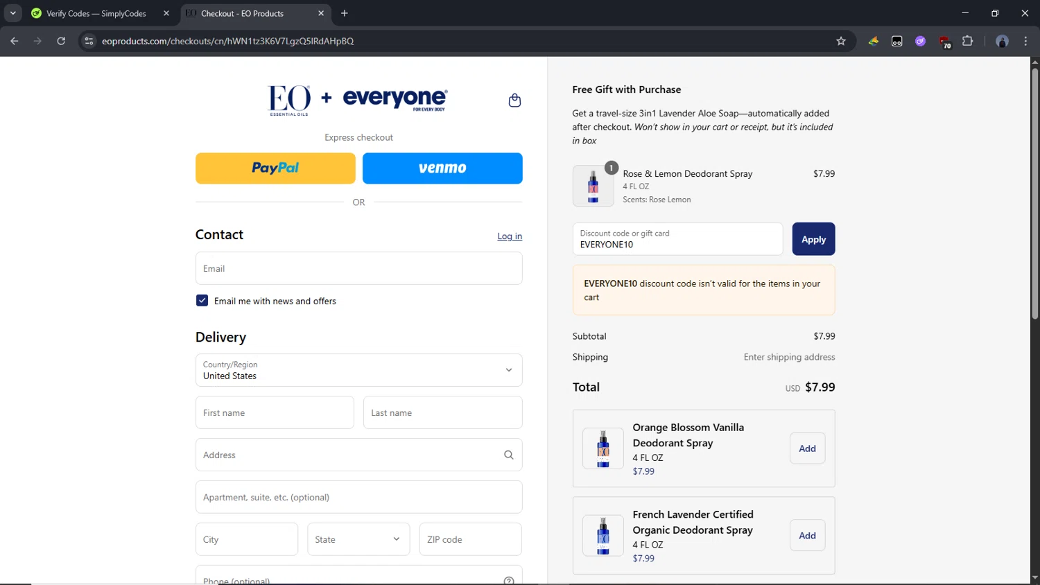 EO Products promo code screenshot showing code EVERYONE10 applied at EO Products checkout page. Uploaded by SimplyCodes community member Time_sin_filtro on Aug 17, 2025