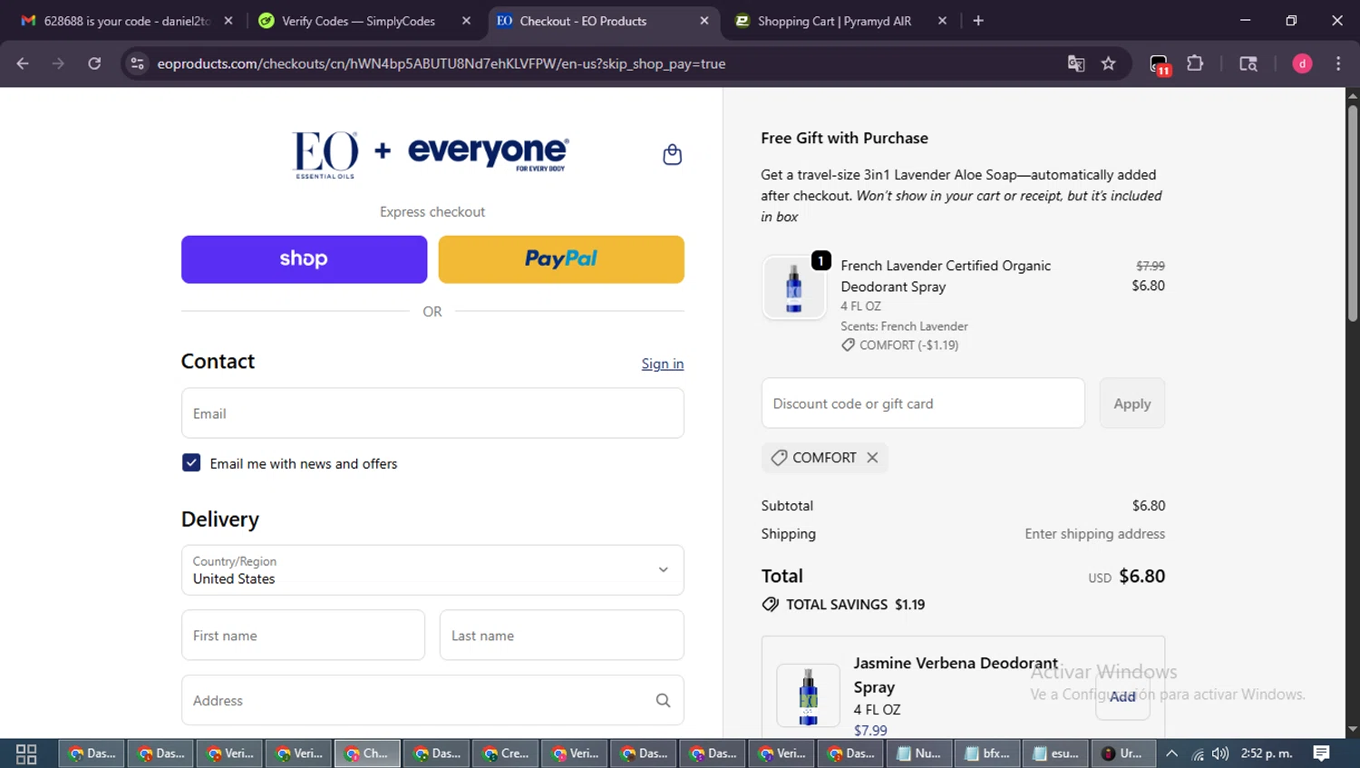 EO Products promo code screenshot showing code comfort applied at EO Products checkout page. Uploaded by SimplyCodes community member MagnificentSpotter4236 on Oct 27, 2025