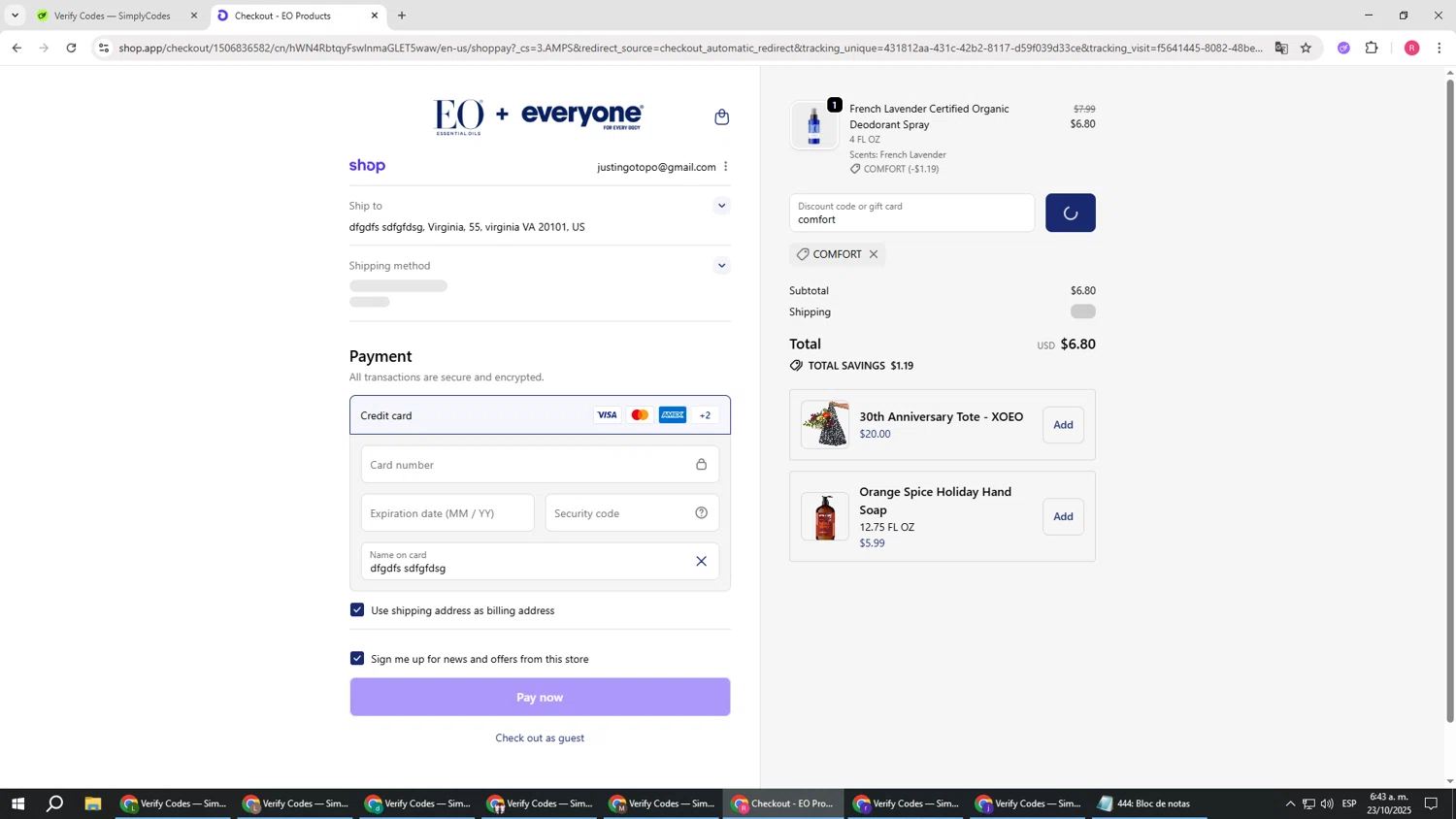 EO Products promo code screenshot showing code comfort applied at EO Products checkout page. Uploaded by SimplyCodes community member TTTT55 on Oct 23, 2025