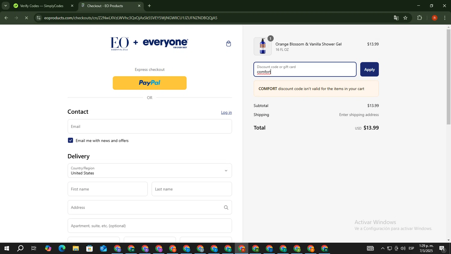 EO Products promo code screenshot showing code comfort applied at EO Products checkout page. Uploaded by SimplyCodes community member MagnificentExpert2705 on Mar 7, 2025