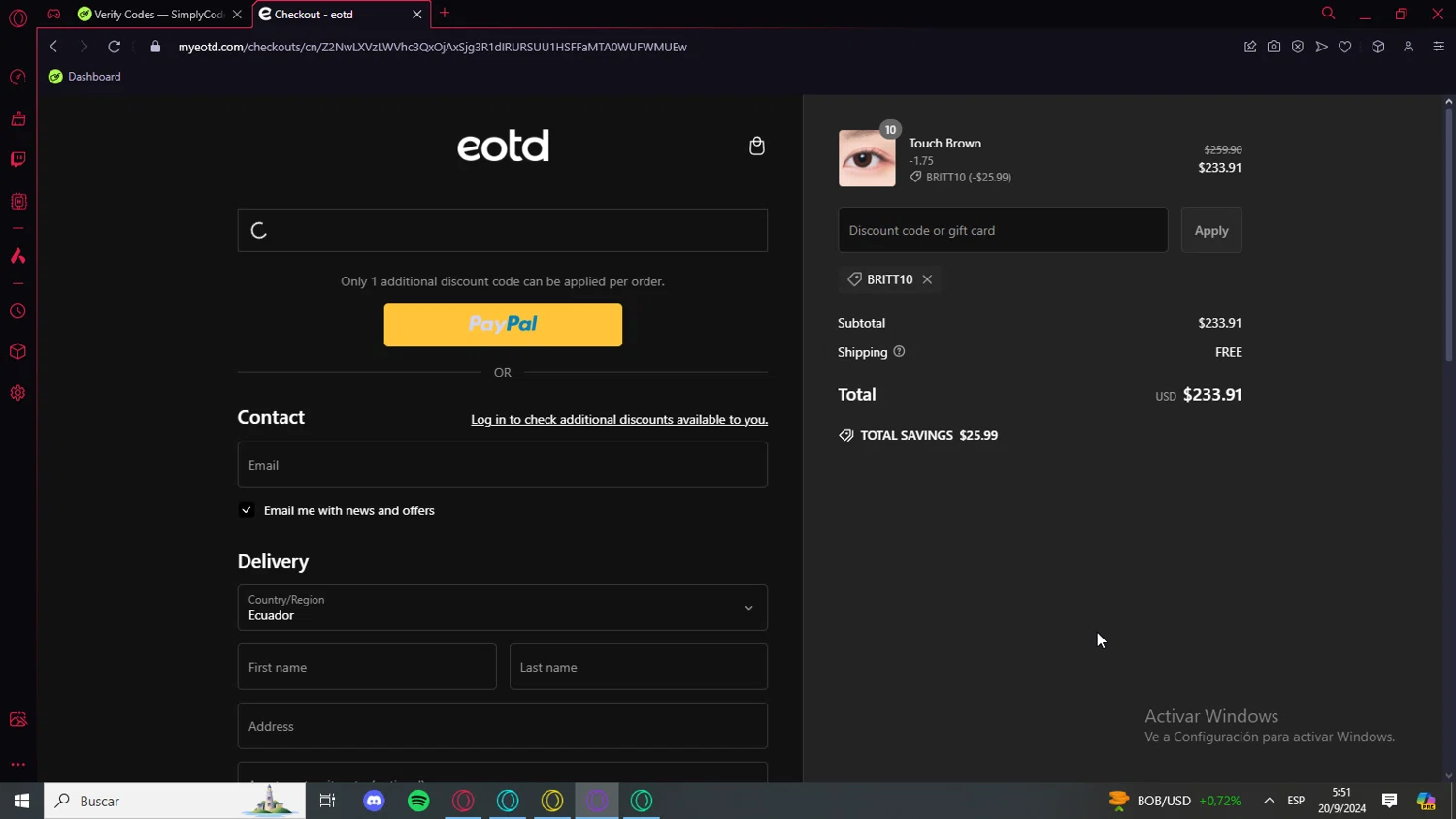 EOTD checkout page showing EOTD discount code box | Screenshot taken by SimplyCodes community member on Sep 20, 2024