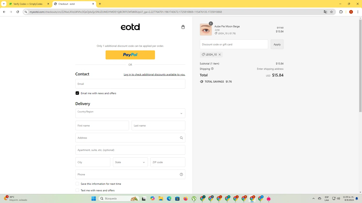 EOTD checkout page showing EOTD discount code box | Screenshot taken by SimplyCodes community member on Sep 8, 2024