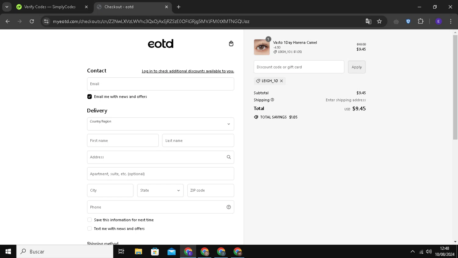 EOTD checkout page showing EOTD discount code box | Screenshot taken by SimplyCodes community member on Aug 10, 2024