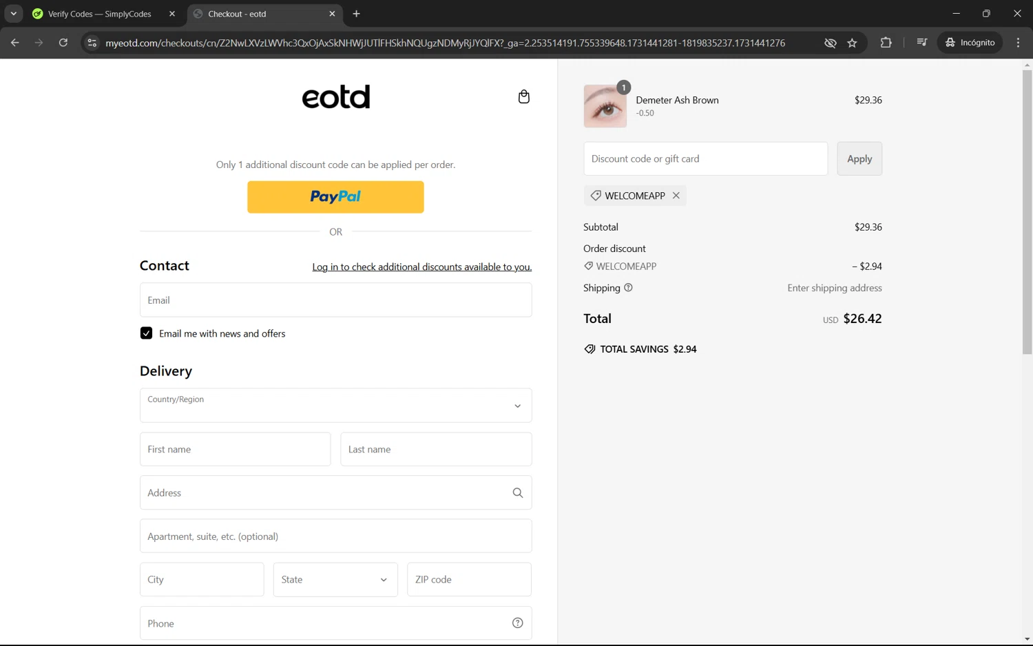 EOTD checkout page showing EOTD discount code box | Screenshot taken by SimplyCodes community member on Nov 12, 2024