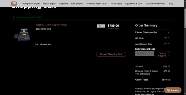 EOTech checkout page showing EOTech discount code box | Screenshot taken by SimplyCodes community member on Jun 14, 2025