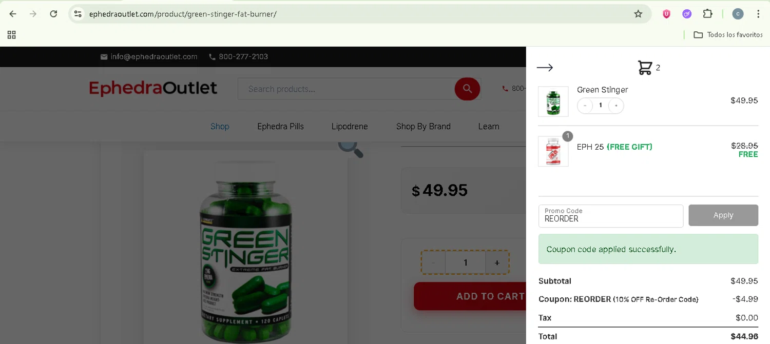 EphedraOutlet.com promo code screenshot showing code REORDER applied at EphedraOutlet.com checkout page. Uploaded by SimplyCodes community member NobleSentinel8535 on Jun 27, 2025