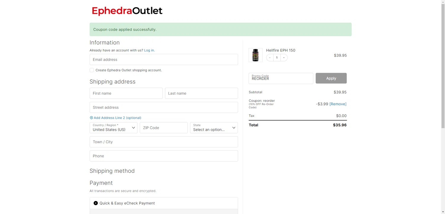 EphedraOutlet.com promo code screenshot showing code REORDER applied at EphedraOutlet.com checkout page. Uploaded by SimplyCodes community member ThriftyPhoenix5129 on Jun 6, 2025