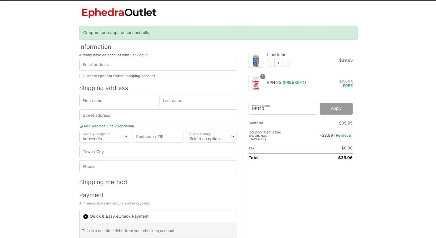 EphedraOutlet.com promo code screenshot showing code GET10 applied at EphedraOutlet.com checkout page. Uploaded by SimplyCodes community member CoinScholar3615 on Jun 20, 2025