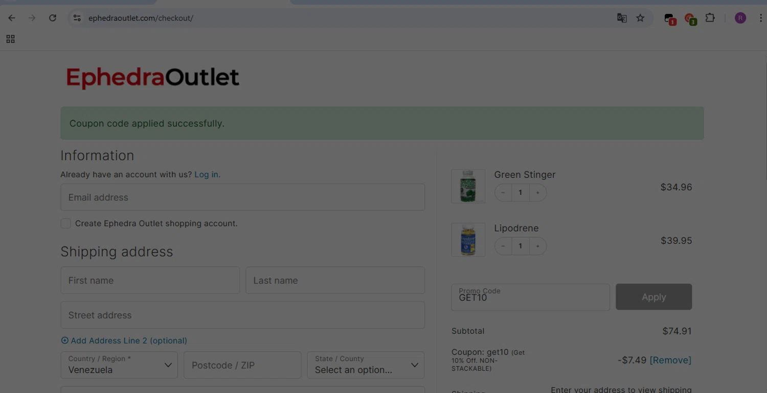 EphedraOutlet.com promo code screenshot showing code GET10 applied at EphedraOutlet.com checkout page. Uploaded by SimplyCodes community member ExtraordinarySleuth8788 on May 16, 2025