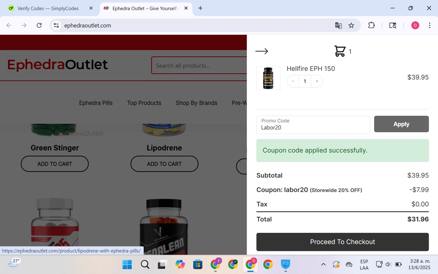 EphedraOutlet.com checkout page showing EphedraOutlet.com promo code box | Screenshot taken by SimplyCodes community member on Jun 13, 2025