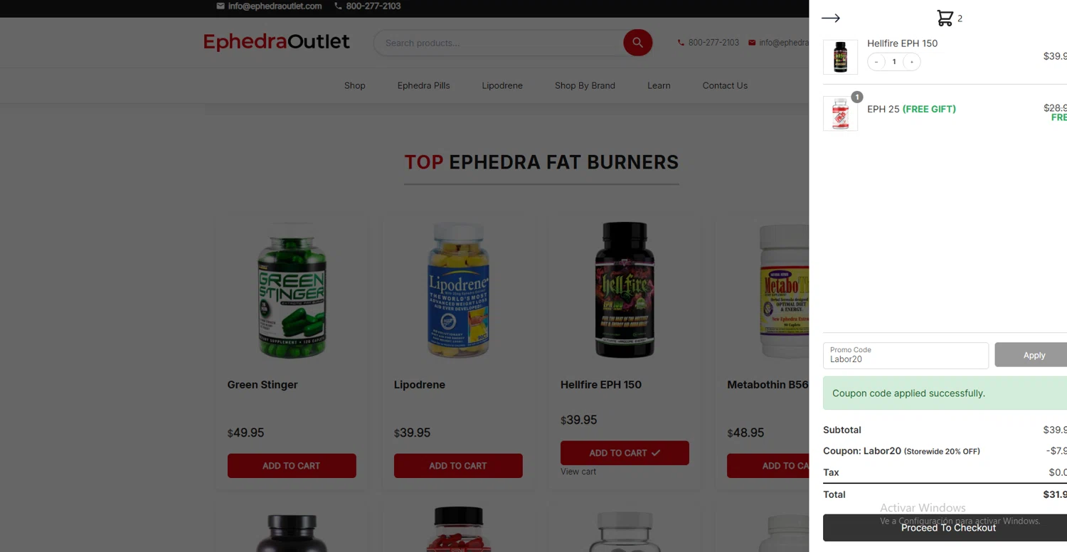 EphedraOutlet.com checkout page showing EphedraOutlet.com promo code box | Screenshot taken by SimplyCodes community member on Jun 27, 2025