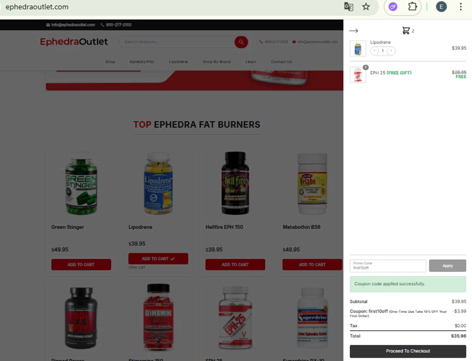 EphedraOutlet.com promo code screenshot showing code first10off applied at EphedraOutlet.com checkout page. Uploaded by SimplyCodes community member CashMaestro9337 on Jun 27, 2025