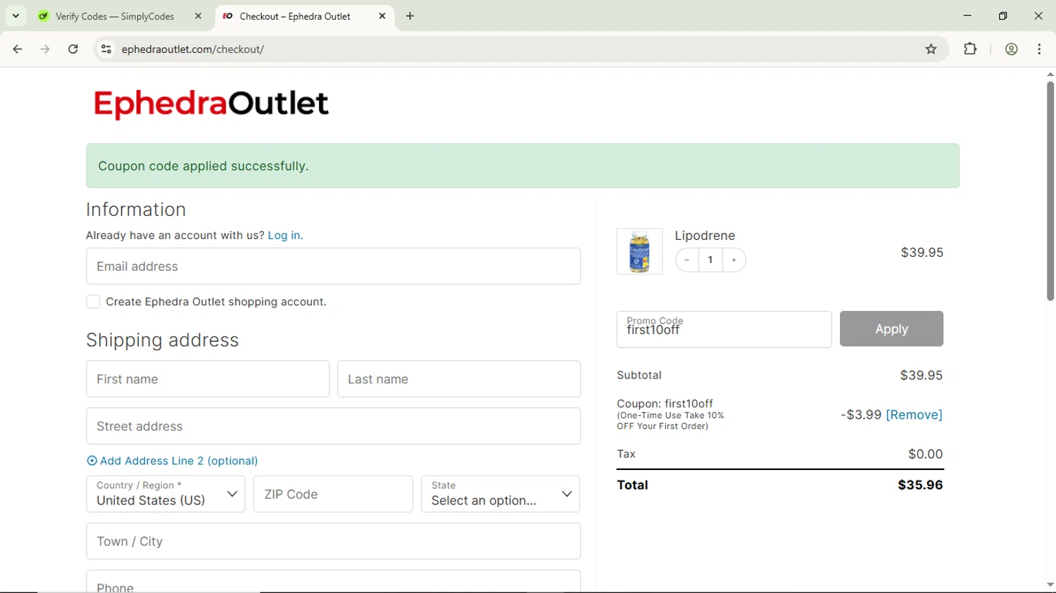 EphedraOutlet.com promo code screenshot showing code first10off applied at EphedraOutlet.com checkout page. Uploaded by SimplyCodes community member ScanPhoenix3549 on Jun 13, 2025