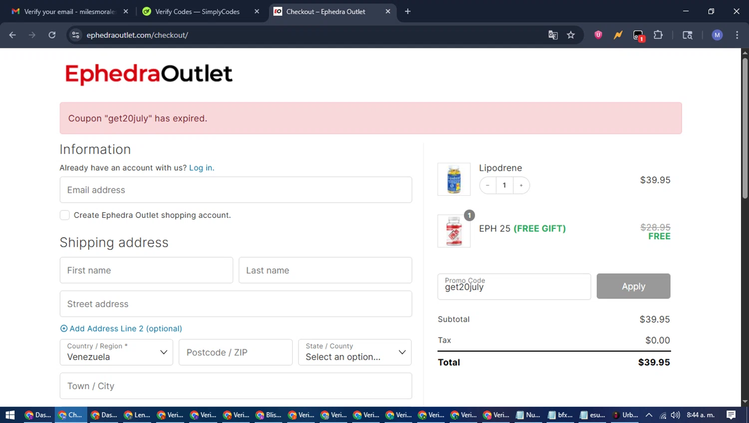 EphedraOutlet.com promo code screenshot showing code get20july applied at EphedraOutlet.com checkout page. Uploaded by SimplyCodes community member PrimeFox5260 on Jul 29, 2025