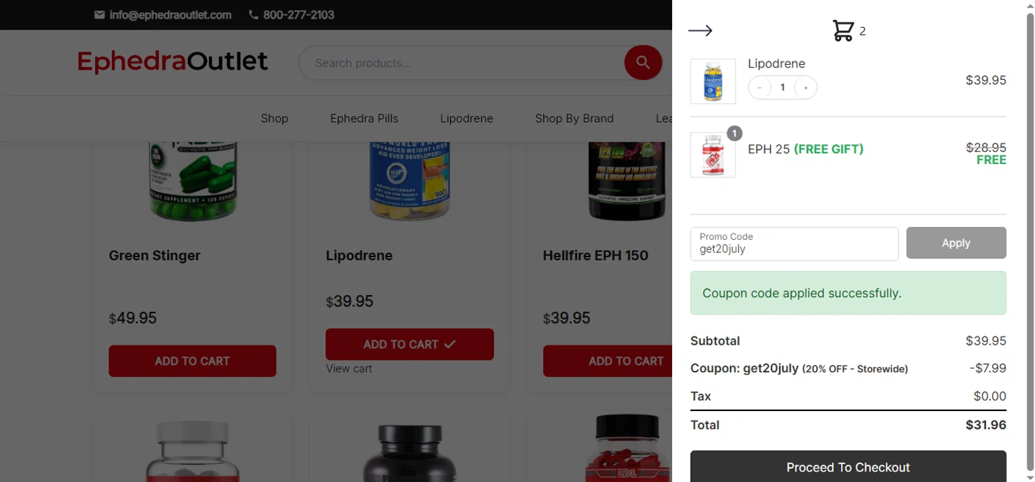 EphedraOutlet.com promo code screenshot showing code get20july applied at EphedraOutlet.com checkout page. Uploaded by SimplyCodes community member shark12 on Jun 30, 2025