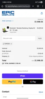 Epic Displays coupon verification screenshot