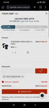Epic Fits coupon verification screenshot
