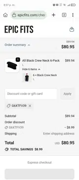 Epic Fits coupon verification screenshot