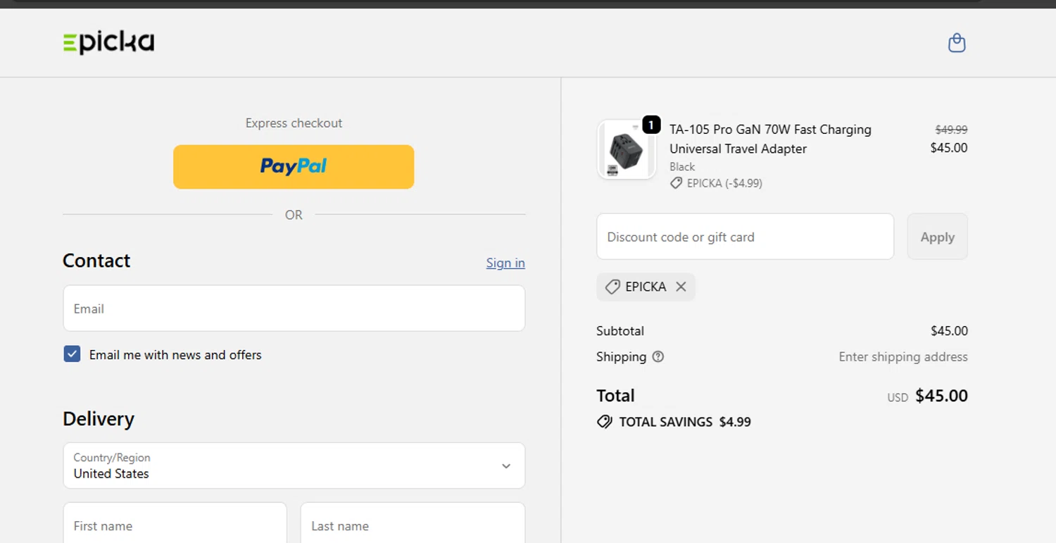EPICKA Store promo code screenshot showing code EPICKA applied at EPICKA Store checkout page. Uploaded by SimplyCodes community member danielgonzalez5 on Nov 20, 2025