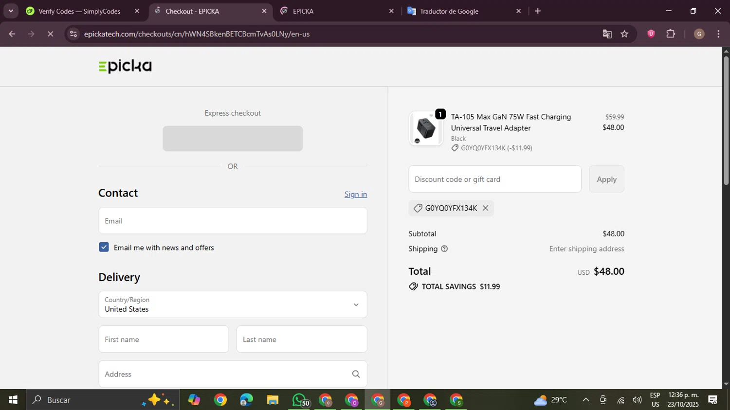 EPICKA Store promo code screenshot showing code G0YQ0YFX134K applied at EPICKA Store checkout page. Uploaded by SimplyCodes community member BrilliantTracker4207 on Oct 23, 2025