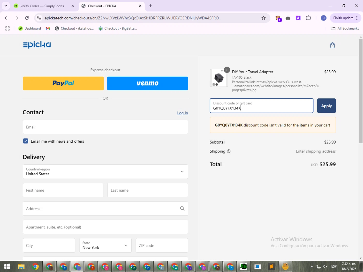 EPICKA Store promo code screenshot showing code G0YQ0YFX134K applied at EPICKA Store checkout page. Uploaded by SimplyCodes community member VoucherLegend6452 on Feb 18, 2025