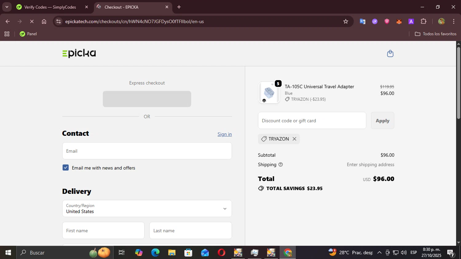 EPICKA Store promo code screenshot showing code tryazon applied at EPICKA Store checkout page. Uploaded by SimplyCodes community member Demogorgon on Oct 28, 2025