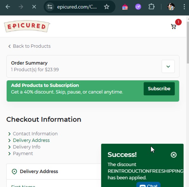 Epicured checkout page showing Epicured promo code box | Screenshot taken by SimplyCodes community member on May 5, 2025