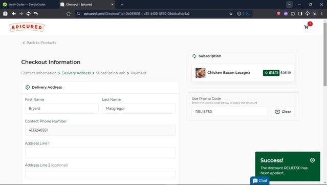 Epicured checkout page showing Epicured promo code box | Screenshot taken by SimplyCodes community member on Jul 3, 2025