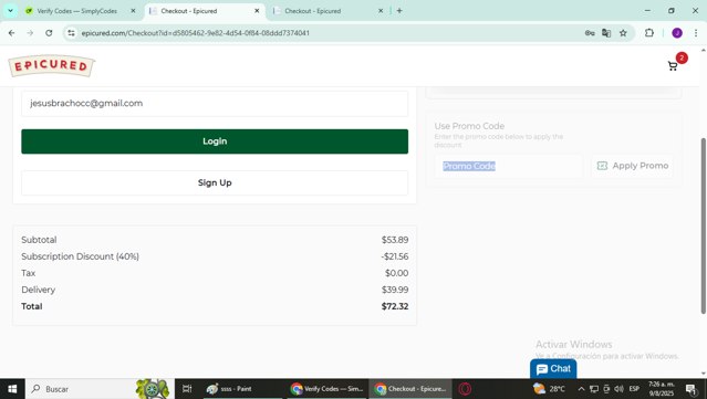 Epicured checkout page showing Epicured promo code box | Screenshot taken by SimplyCodes community member on Aug 9, 2025