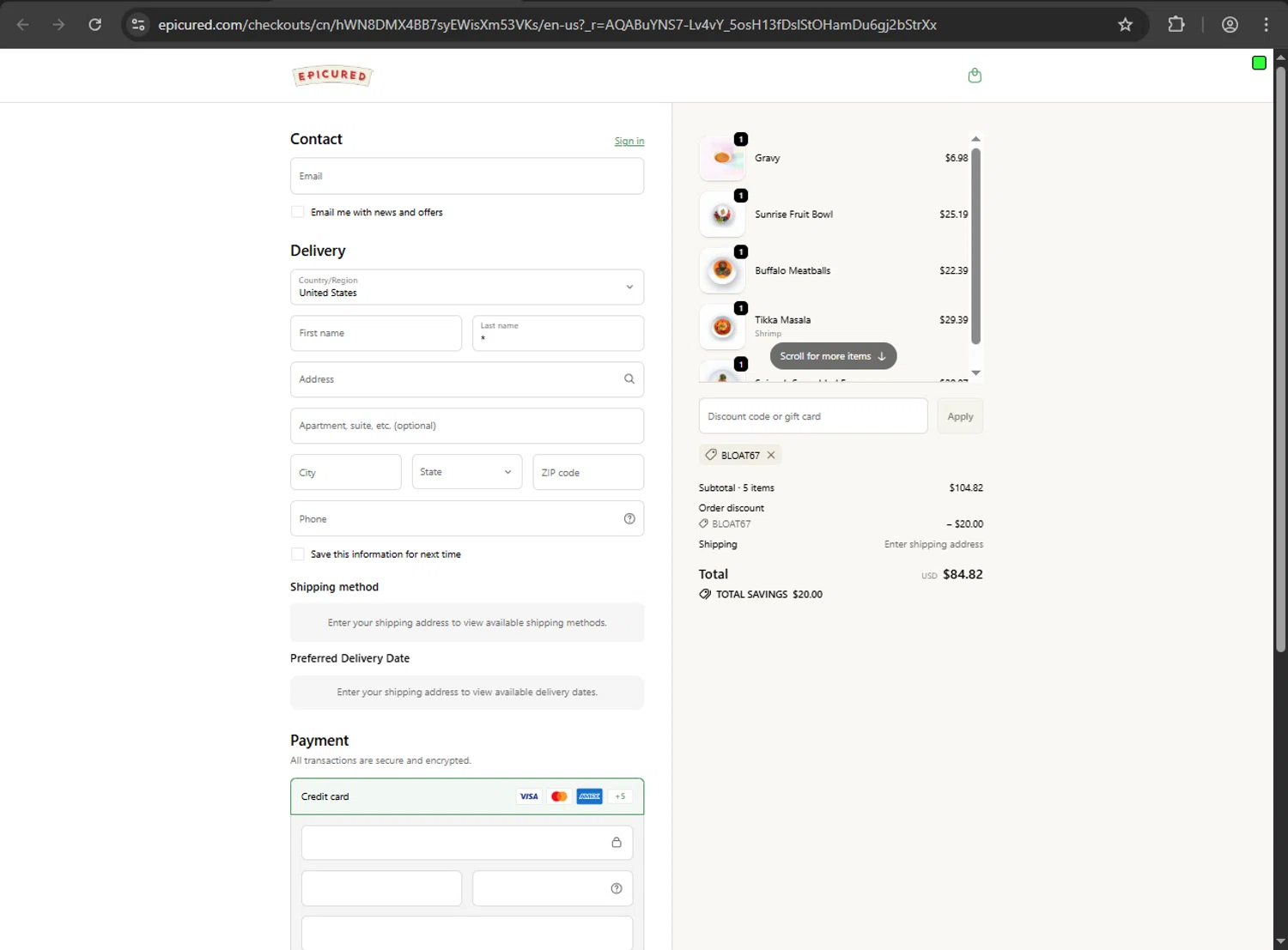 Epicured promo code screenshot showing code BLOAT67 applied at Epicured checkout page. Uploaded by SimplyCodes community member megagei on Jan 30, 2026