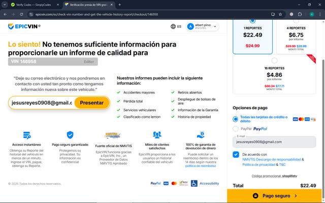 EpicVIN checkout page showing EpicVIN promo code box | Screenshot taken by SimplyCodes community member on Mar 28, 2025