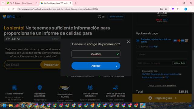 EpicVIN checkout page showing EpicVIN promo code box | Screenshot taken by SimplyCodes community member on Jan 5, 2025