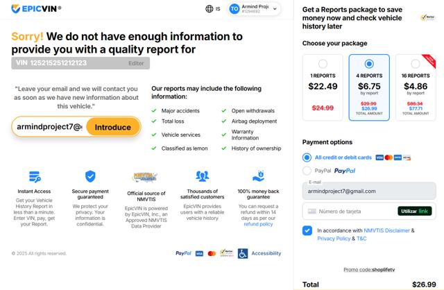 EpicVIN checkout page showing EpicVIN promo code box | Screenshot taken by SimplyCodes community member on Feb 4, 2025