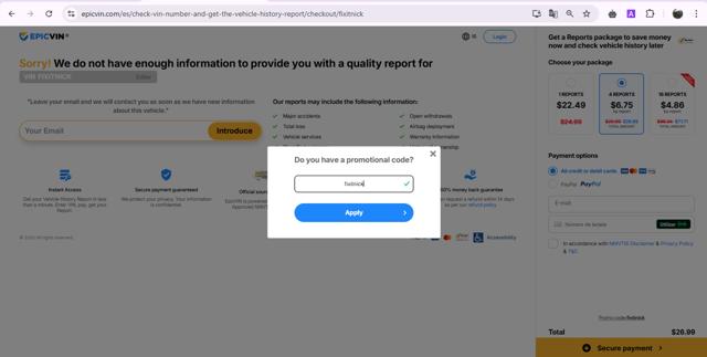 EpicVIN checkout page showing EpicVIN promo code box | Screenshot taken by SimplyCodes community member on Feb 20, 2025