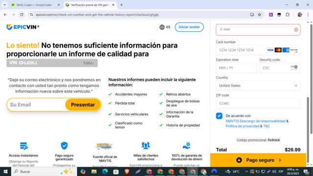 EpicVIN checkout page showing EpicVIN promo code box | Screenshot taken by SimplyCodes community member on Mar 28, 2025