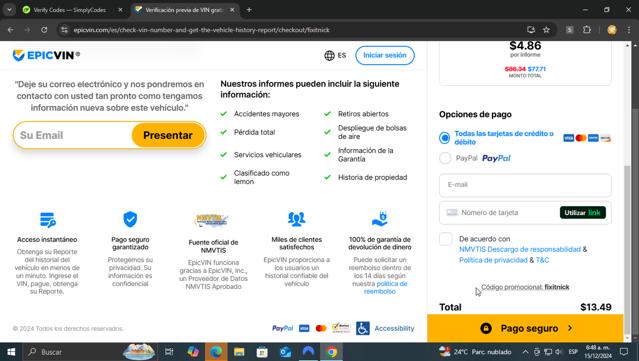 EpicVIN checkout page showing EpicVIN promo code box | Screenshot taken by SimplyCodes community member on Dec 15, 2024