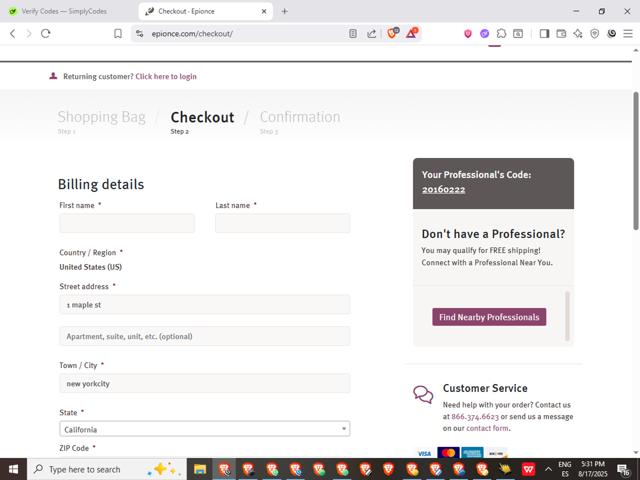 Epionce checkout page showing Epionce coupon code box | Screenshot taken by SimplyCodes community member on Aug 17, 2025