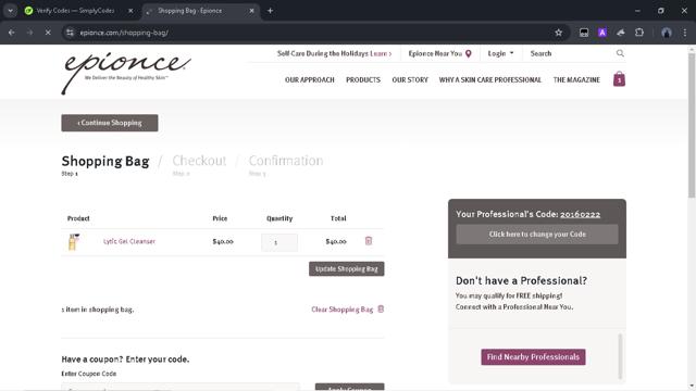 Epionce checkout page showing Epionce coupon code box | Screenshot taken by SimplyCodes community member on Jan 19, 2025