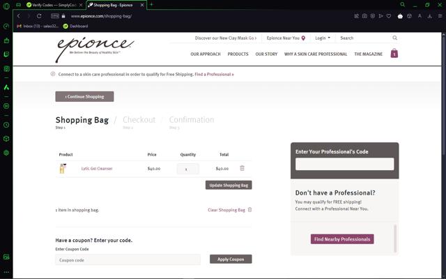 Epionce checkout page showing Epionce coupon code box | Screenshot taken by SimplyCodes community member on Jan 19, 2025