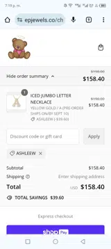 Ashleew coupon verification screenshot