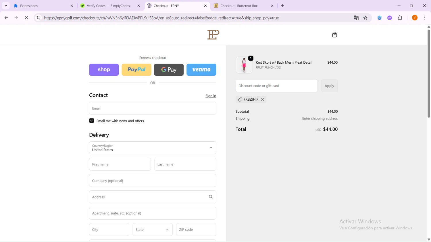 EPNY Golf promo code screenshot showing code FREESHIP applied at EPNY Golf checkout page. Uploaded by SimplyCodes community member VoucherShopper4674 on Oct 6, 2025